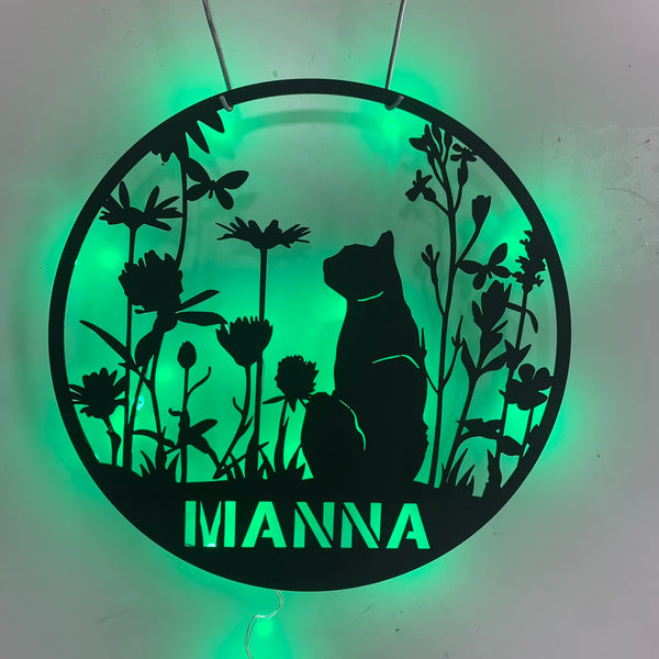 Custom Cat In The Garden Metal Sign Led Light, Personalized Name Cat Metal Wall Art, Cat With Flower Metal Hanging, Cat Memorial Metal Wall Sign Decor