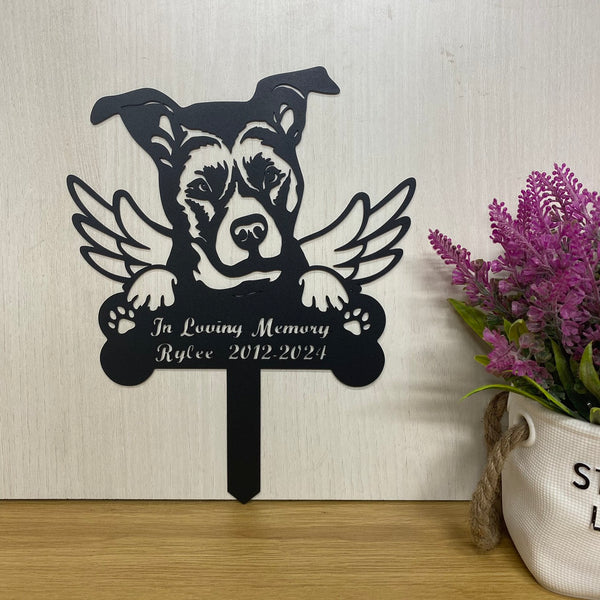 Personalized Staffordshire Terrier Memorial Metal Stake, Dog With Angel Wings Metal Garden Sign, Dog Metal Grave Marker, Pet Remembrance Stake