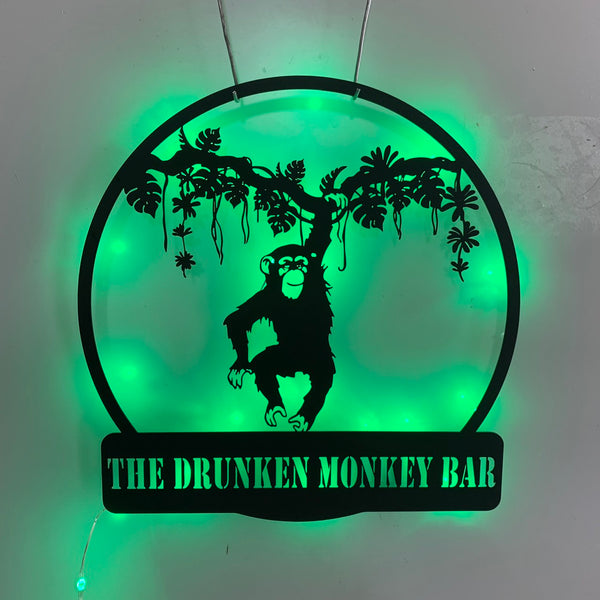 Personalized Hanging Chimp Monkey Metal Wall Art Led Lights, Custom Chimp Monkey Metal Name Sign, Funny Monkey Kids Nursery Metal Wall Sign Decor