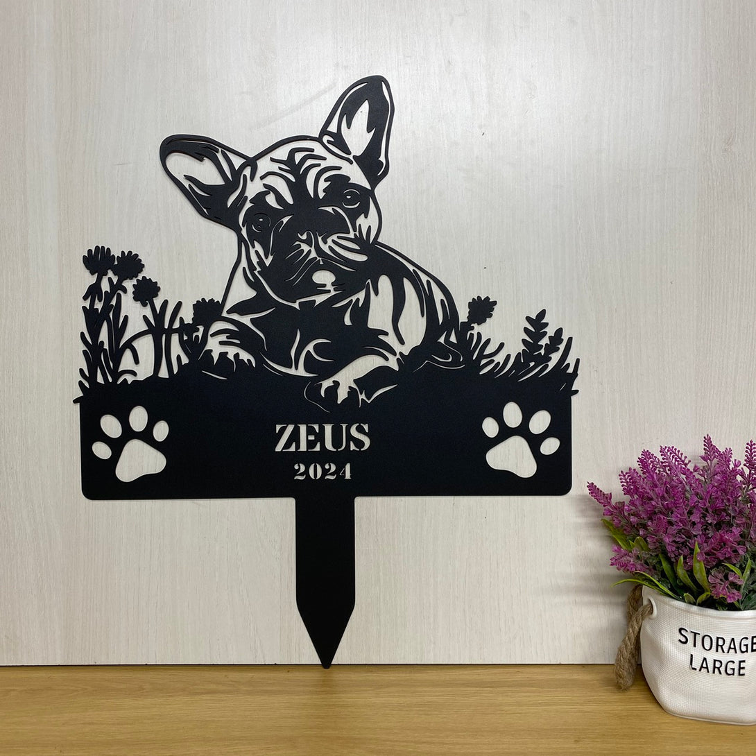 Custom French Bulldog Memorial Metal Stake, Custom Dog Metal Grave Marker, Dog Garden Stake, Floral Dog Metal Yard Sign, Pet Loss Remembrance Stake