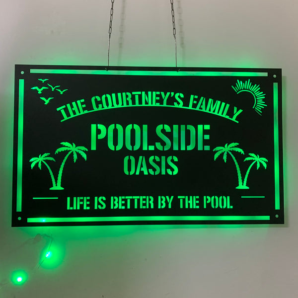 Custom Poolside Oasis Metal Wall Art Led Light, Welcome Poolside Bar Metal Sign, Poolside Patio Metal Wall Art, Life Is Better By The Pool Metal Sign