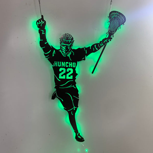 Custom Victory Lacrosse Player Metal Wall Art Led Lights, Personalized Lacrosse Player Name & Number Metal Sign, Lacrosse Sport Metal Wall