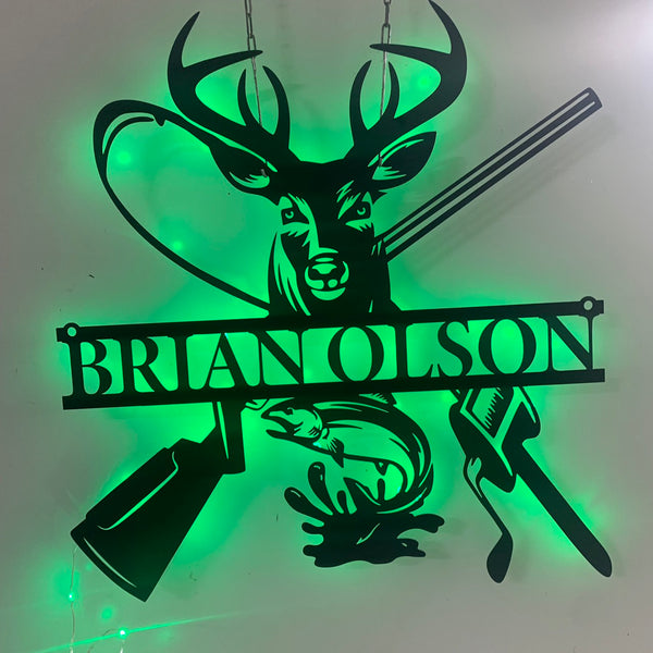 Custom Deer Hunting Fishing Metal Wall Art Led Lights, Personalized Deer And Fish Hunting Metal Sign, Hunter Fisherman Metal Name Sign Cabin Decor