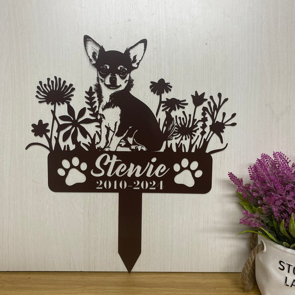 Personalized Chihuahua Dog Memorial Garden Stake, Dog With Flowers Memory Metal Yard Sign, Pet Loss Remembrance Stake, Dog Metal Grave Marker