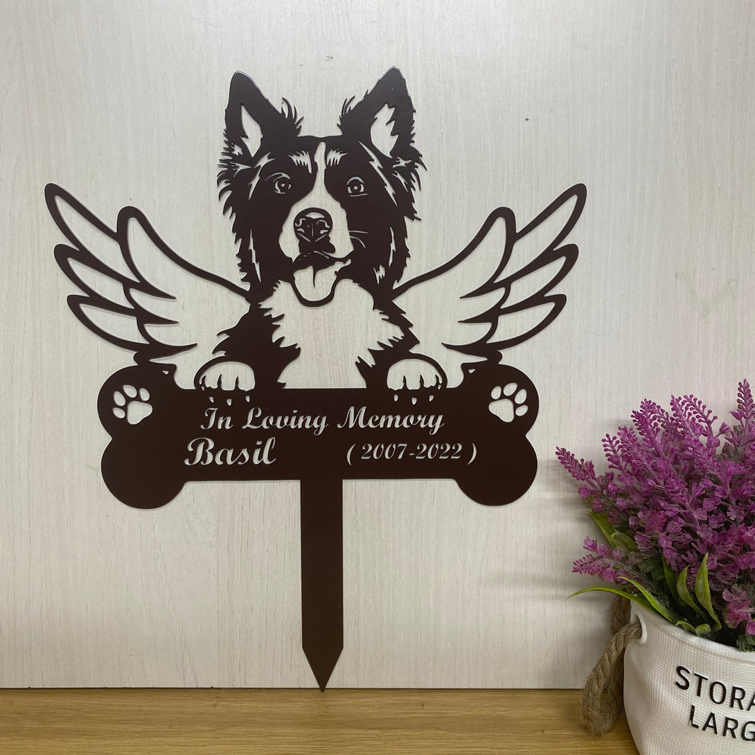 Personalized Dog Memorial Metal Stake Sign, Border Collie Dog Angel Wings Metal Stake, Dog Metal Yard Sign, Dog Grave Marker, Pet Remembrance Stake