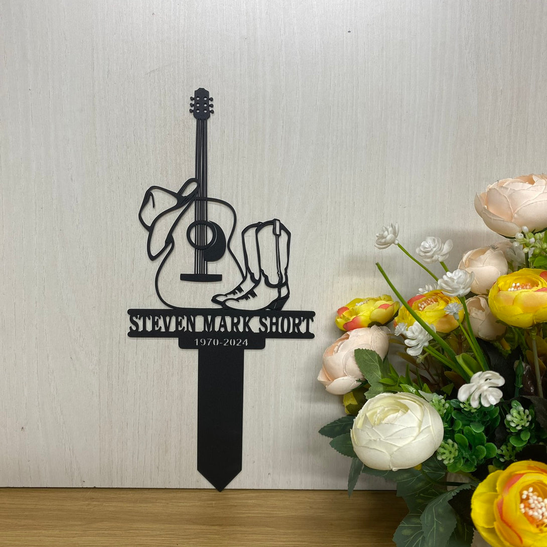 Personalized Cowboy Memorial Metal Stake, Cowboy Boot Hat Guitar Metal Yard Stake, Cowboy Sympathy Memorial Plaque, Country Music Lover Grave Marker