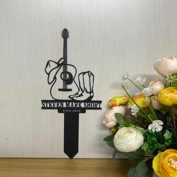 Personalized Cowboy Memorial Metal Stake, Cowboy Boot Hat Guitar Metal Yard Stake, Cowboy Sympathy Memorial Plaque, Country Music Lover Grave Marker