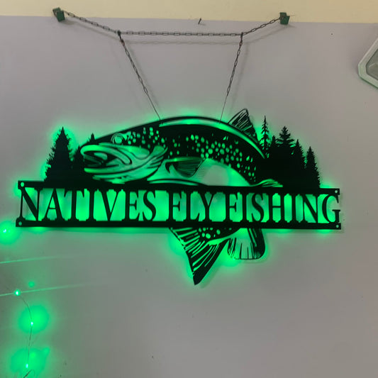 Personalized Trout Fish Metal Sign Led Lights, Trout Fishing Lakehouse Metal Sign, Custom Trout Fish Metal Wall Art, Fishing Man Cave Metal Wall Sign