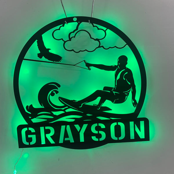 Personalized Water Skiing Metal Wall Art Led Lights, Custom Wakeboarding Metal Name Sign, Water-ski Sport Metal Sign,water Skiing Metal Sign