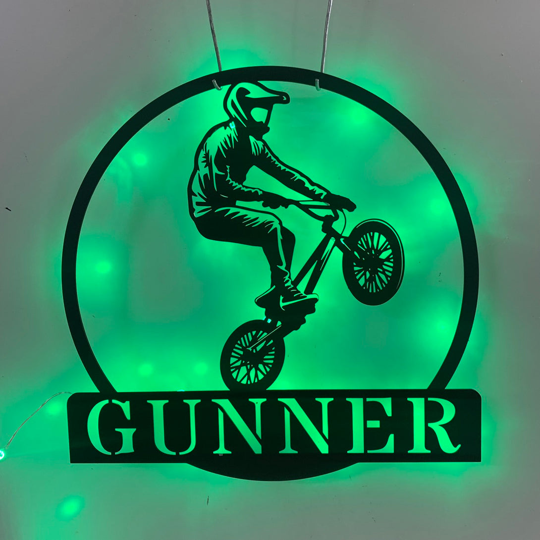 Custom Bmx Cycle Sport Metal Wall Art Led Lights, Personalized Bmx Biker Metal Name Sign Decoration For Room, Bmx Biker Room Metal Wall Hanging Decor