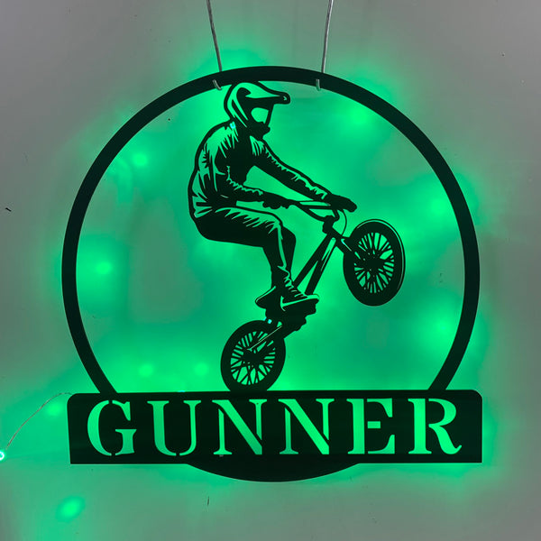 Custom Bmx Cycle Sport Metal Wall Art Led Lights, Personalized Bmx Biker Metal Name Sign Decoration For Room, Bmx Biker Room Metal Wall Hanging Decor