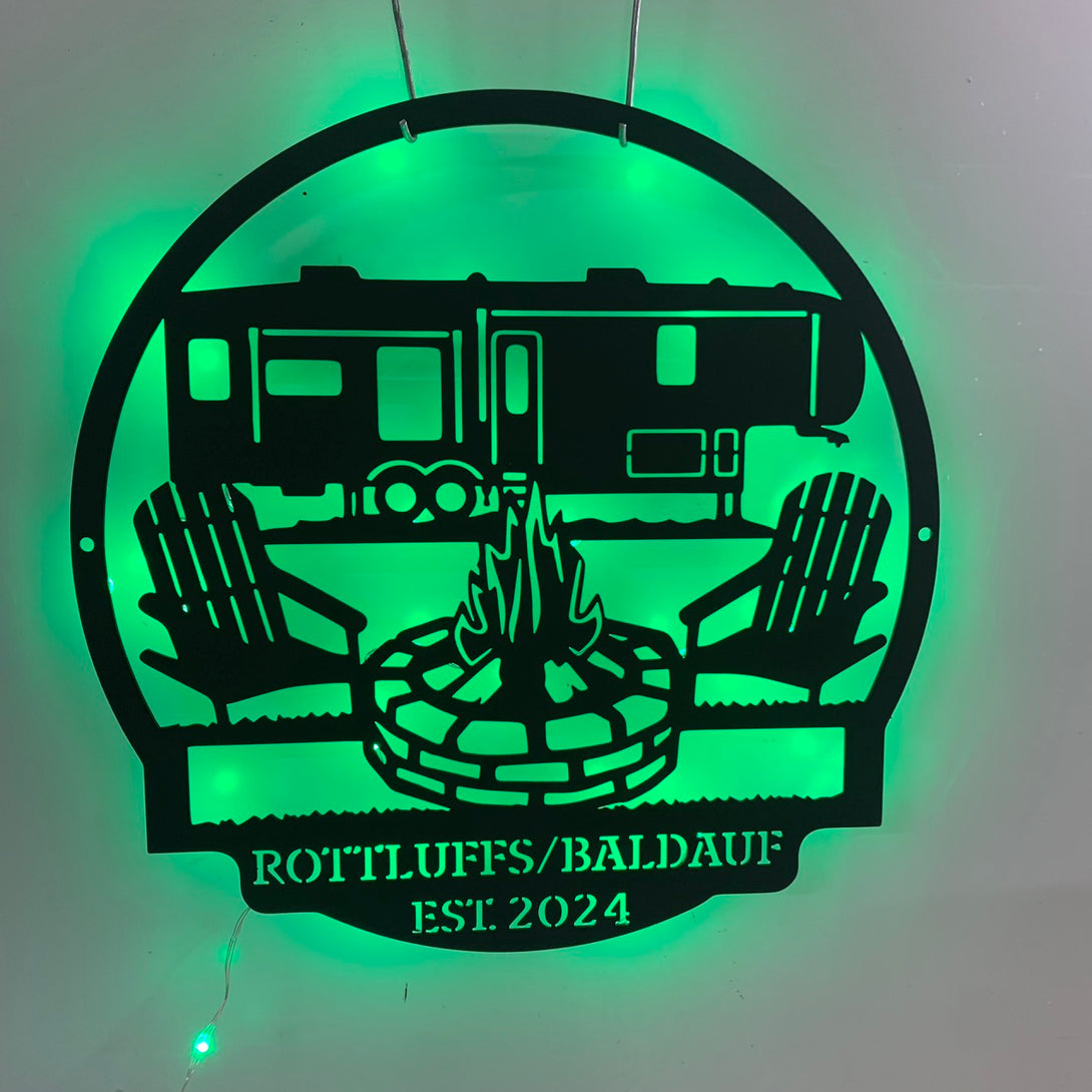 Personalized Family Name Fire Pit Camping Metal Wall Art Led Lights, Custom Camping Rv Trailer Metal Sign, Happy Camper Metal Campsite Metal
