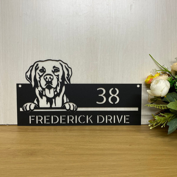 Personalized Labrador Dog Address Metal Sign, Custom Dog Metal Address House Number Wall Hanging, Dog Metal Front Porch Sign, Pet Name Metal Decor