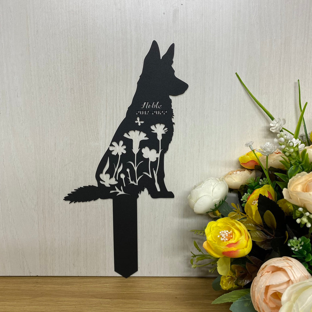 Custom German Shepherd Dog Memorial Garden Stake, In Loving Memory Of Dog Metal Grave Marker, Pet Loss Remembrance Stake, Floral Dog Metal Yard Sign