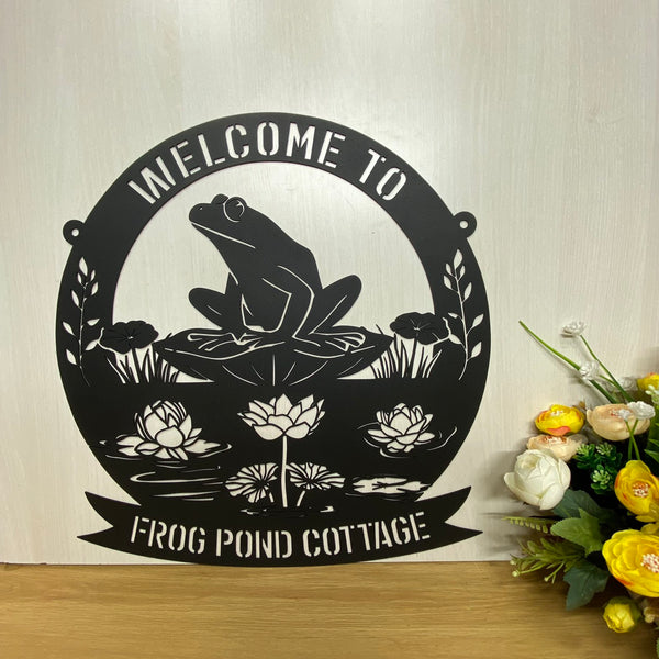 Personalized Frog Metal Sign With Name, Custom Frog Pond Cottage Metal Art, Frog Lakehouse Metal Wall Sign, Frog Sign Metal Outdoor Decor