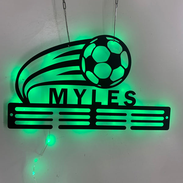 Custom Soccer Medal Holder Metal Wall Art Led Lights, Personalized Football Player Name Medal Hanger, Soccer Medal Display Awards Metal Wall