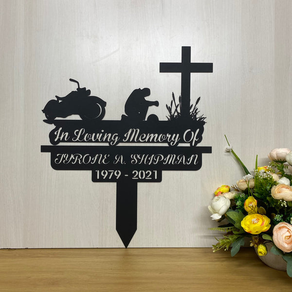 Personalized Motorcycle Biker Memorial Metal Stake, Biker Kneels At Cross Grave Marker, Remembrance Metal Stake, Motobiker Stake Metal Yard Sign Decor