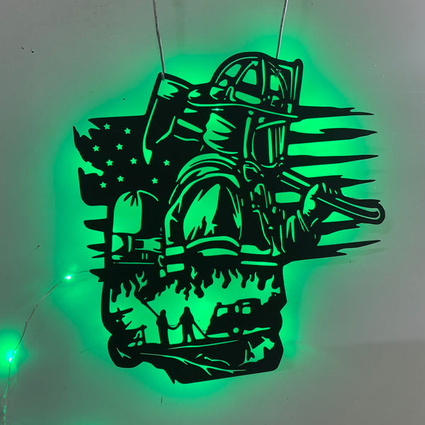 Custom Us Flag Firefighter Metal Sign Led Lights, Personalized Firefighter Metal Wall Art, Fireman Retirement Metal Sign, First Responder Fireman Sign