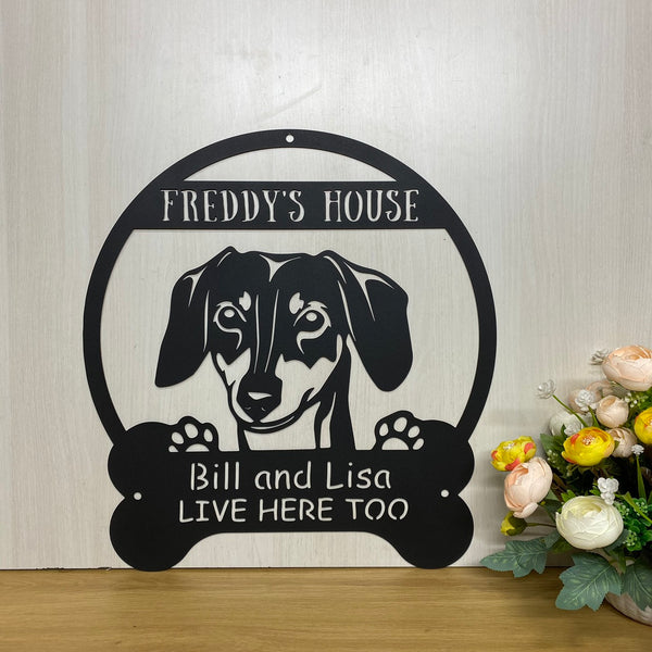 Custom Dachshund Dog Monogram Metal Sign, Custom Metal Dog's House Sign, Metal Dog Sign, Metal Sign Gift For Dog Lover, Dog With Bone Metal Name Sign