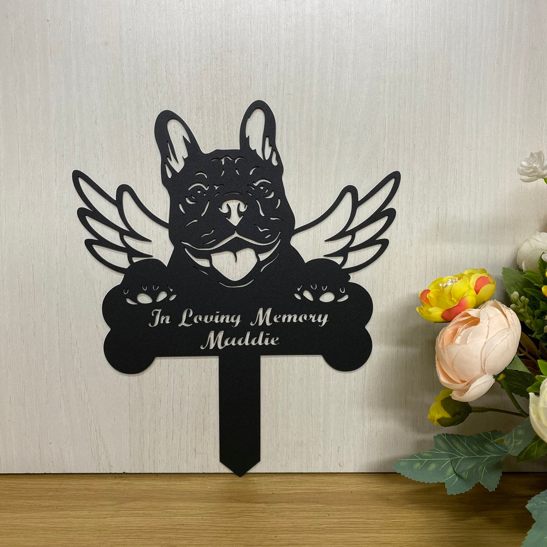 Custom Bulldog Memorial Metal Sign With Stake, Dog With Wings Metal Garden Stake, Pet Metal Grave Marker, Pet Loss Sympathy Sign, Remembrance Stake