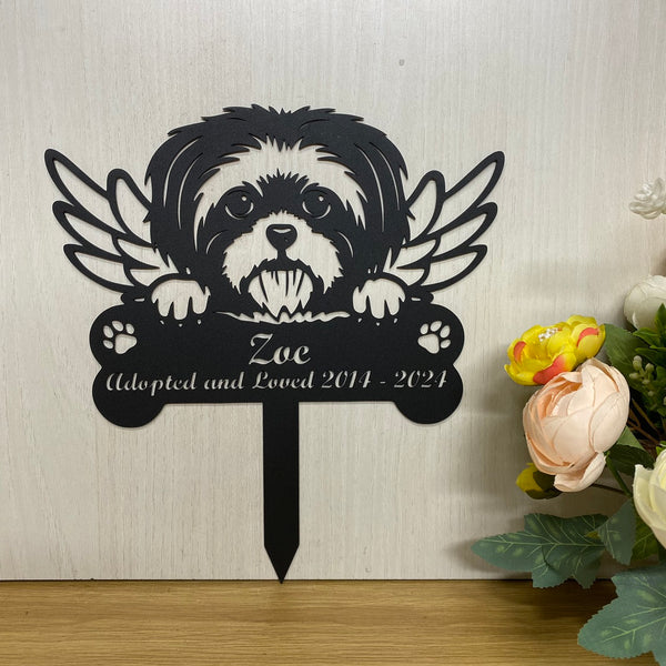 Personalized Dog Memorial Metal Stake, Dog With Angel Wings Metal Garden Sign, Shih Tzu Dog Metal Yard Sign, Dog Grave Marker, Pet Remembrance Stake