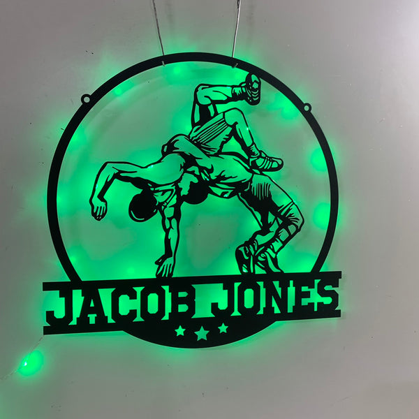 Custom Wrestling Sport Metal Wall Art Led Lights, Personalized Wrestlers Metal Name Sign, Wrestling Metal Decor, Wrestling Man Cave Metal Wall Hanging
