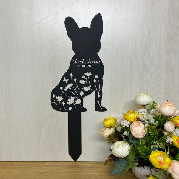 Custom French Bulldog Memorial Metal Garden Stake, Personalized Dog Loss Metal Grave Marker, Floral Dog Metal Yard Sign, Pet Loss Remembrance Stake