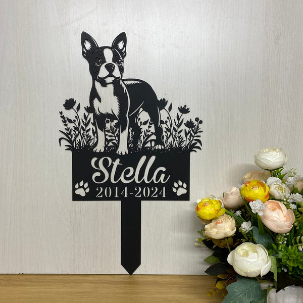 Custom Boston Terrier Dog Memorial Metal Garden Stake, Personalized Pet Grave Marker Metal Name Sign, Dog Remembrance Stake, Sympathy Dog Loss Sign