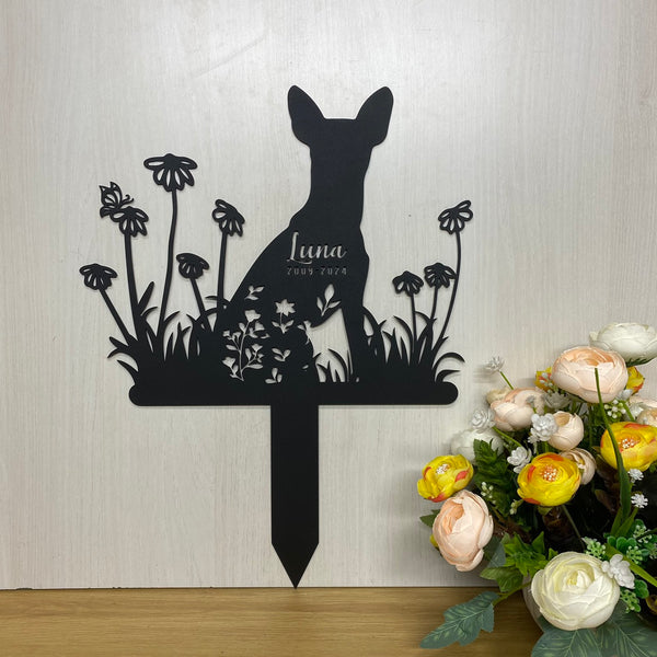 Custom Dog With Flower Memorial Metal Garden Stake, Chihuahua Dog Metal Yard Sign, Dog With Name Personalized, Pet Grave Marker, Remembrance Stake