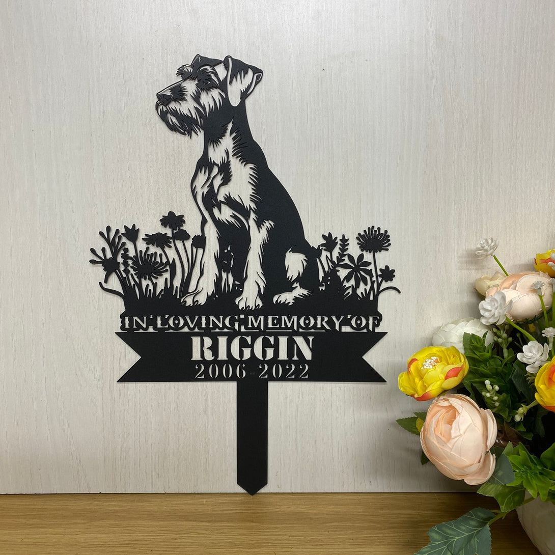 Custom Schnauzer Memorial Metal Garden Stake, Loving Memory Dog Metal Yard Sign, Dog With Flowers Metal Garden Sign, Pet Loss Metal Remembrance Stake