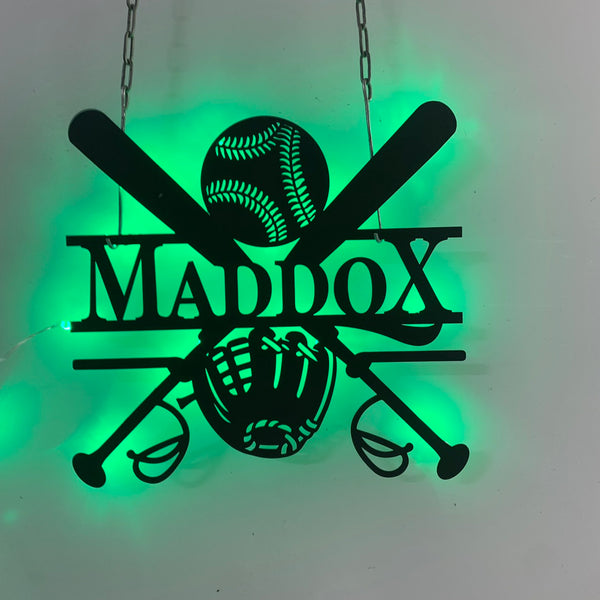 Custom Name Baseball Bat & Gloves Metal Wall Art Led Lights, Personalized Baseball Player Metal Name Sign, Baseball Sport Kids Room Metal Decor