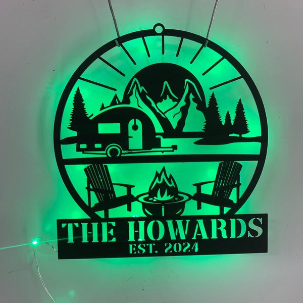 Personalized Fire Pit Happy Camper Metal Sign Led Lights, Custom Family Name Camping Van Rv Trailer Metal Sign, Happy Camper Metal Wall Sign Decor