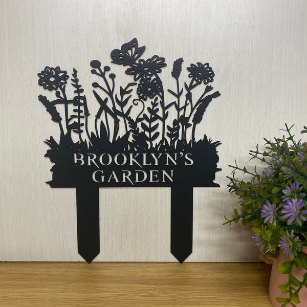 Custom Flowers Garden Metal Sign With Stake, Butterfly With Flowers Metal Yard Sign, Custom Flower Bed Sign Outdoor Decor, Metal Stake Garden Decor