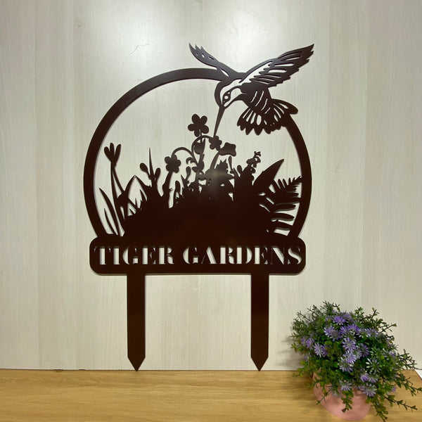 Custom Hummingbird Garden Metal Sign With Stake, Metal Hummingbird Garden Sign, Personalized Gardener Metal Name Sign, Metal Yard Decor