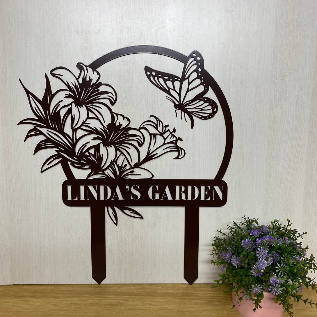 Personalized Butterfly Metal Garden Stake, Custom Your Garden Metal Sign, Butterfly With Lily Flower Metal Yard Stake, Garden Outdoor Metal Sign Decor