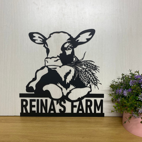 Custom Dairy Cow Farmhouse Metal Wall Art, Personalized Dairy Cow Metal Name Sign, Cow With Barley Farmhouse Metal Sign, Calf Metal Wall Sign