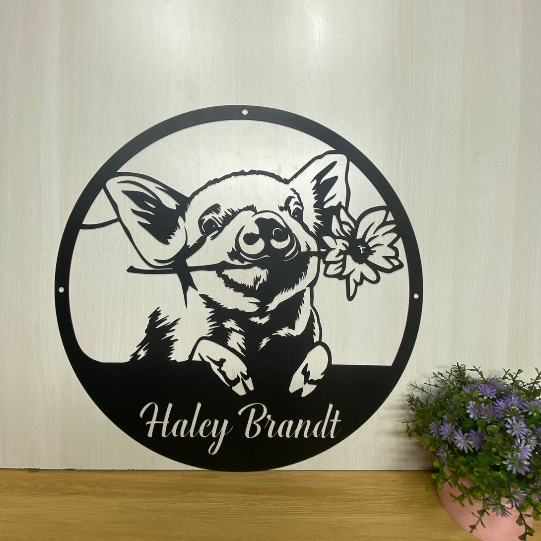 Custom Pig With Flower Metal Sign, Funny Pig Metal Wall Art Hanging, Personalized Cattle Pig Metal Farm Sign, Farm Animal Pig Monogram Metal Sign