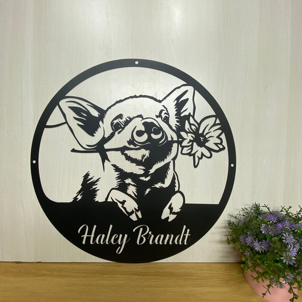 Custom Pig With Flower Metal Sign, Funny Pig Metal Wall Art Hanging, Personalized Cattle Pig Metal Farm Sign, Farm Animal Pig Monogram Metal Sign
