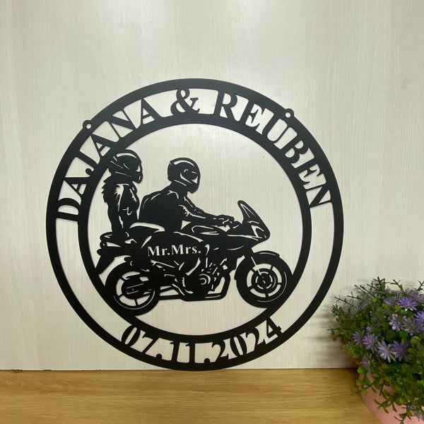 Custom Couple Motorcycle Monogram Metal Wall Art, Personalized Couple Biker Metal Name Sign, Motorbike Mr And Mrs Wedding Anniversary Metal Decor
