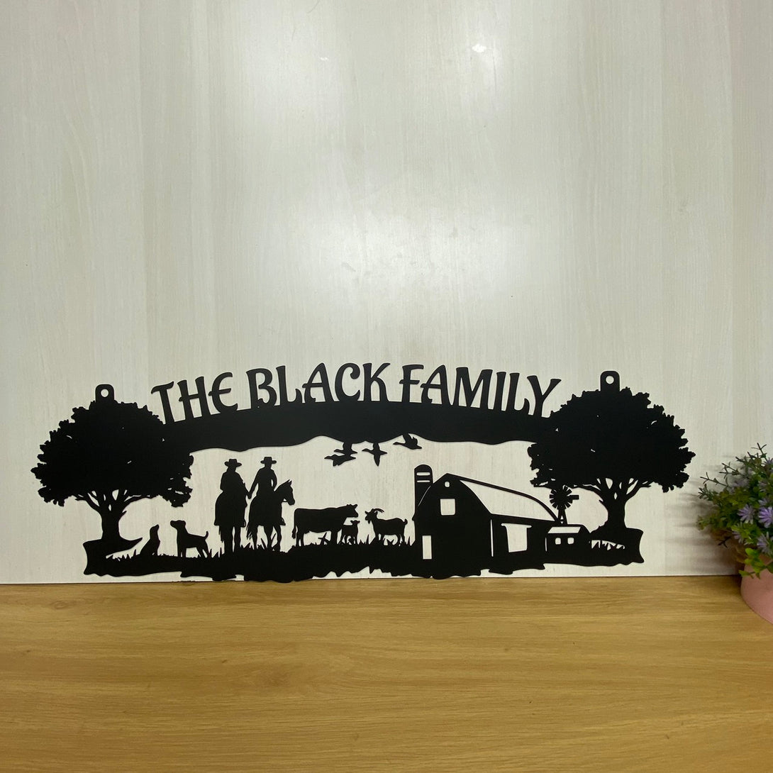 Custom Family Name Farmhouse Metal Entrance Sign, Personalized Farm Animals Metal Wall Art, Farmhouse Address Metal Sign, Rustic Farm Scene Metal Sign