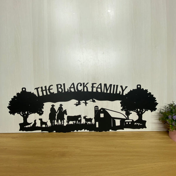 Custom Family Name Farmhouse Metal Entrance Sign, Personalized Farm Animals Metal Wall Art, Farmhouse Address Metal Sign, Rustic Farm Scene Metal Sign