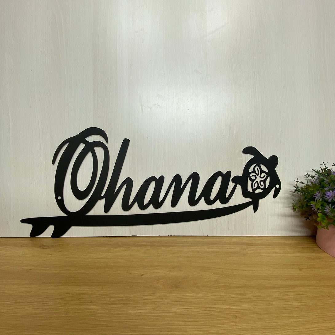 Ohana Sign With Surfboard And Turtle Metal Art, Ohana Metal Wall Hanging Sign, Ohana Hawaiian Beach House Metal Home Decor, Ohana Sculpture Metal Sign