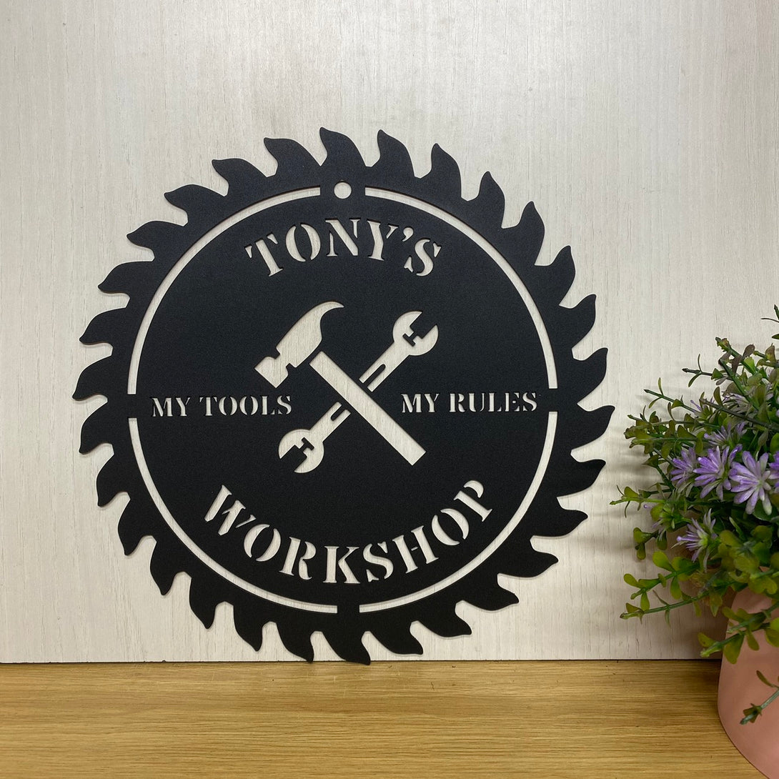 Personalized Saw Blade Workshop Metal Wall Art, Custom Mechanic Workshop Metal Name Sign, Carpenter Mancave Metal Wall Hanging, Saw Blade Metal Sign