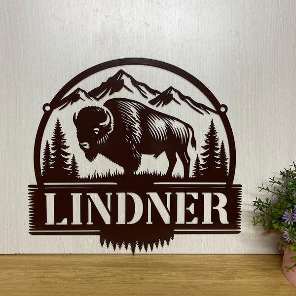 Custom Mountain Bison Metal Wall Art, Personalized Bison Farm Metal Name Sign, Bison Buffalo Metal Wall Hanging Decor, Bison Metal Camp Sign Decor