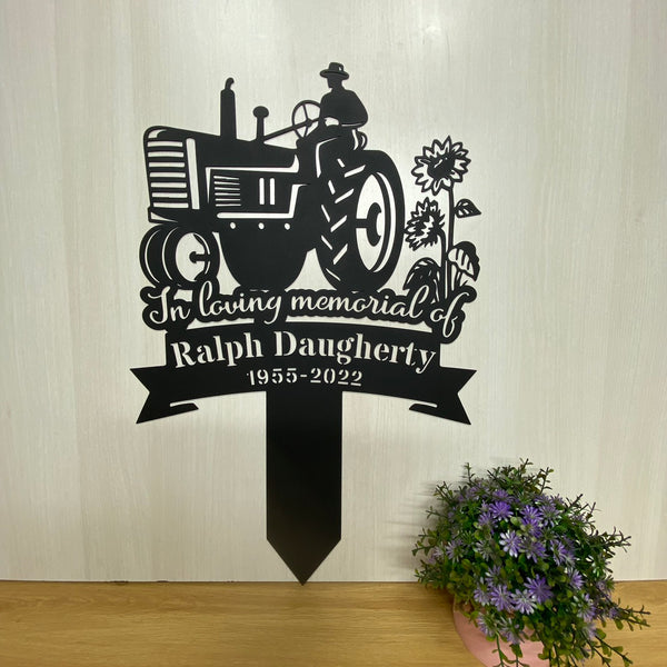 Custom Farmer With Tractor Memorial Metal Garden Stake, Personalized Farmer Metal Garve Maker, Farmer Memory Metal Plaque, Farmer Loss Metal Yard Sign