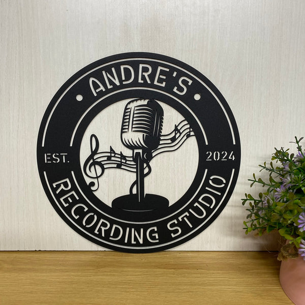 Personalize Microphone Monogram Metal Name Sign, Custom Music Audio Studio Metal Wall Art, Music Room Metal Wall Sign Decor