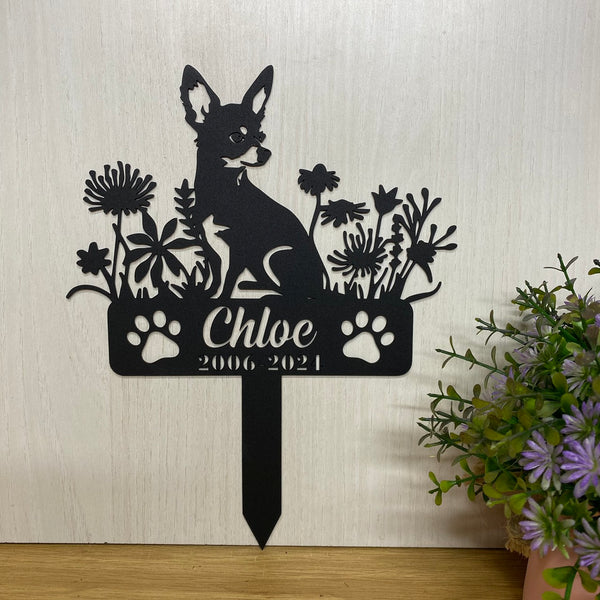 Personalized Chihuahua Dog Memorial Garden Stake, In Loving Memory Dog Metal Grave Marker, Pet Loss Remembrance Stake, Flowers Dog Metal Yard Sign