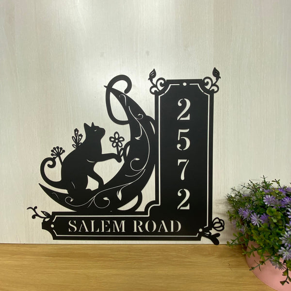 Personalized Cat On The Moon House Number Metal Wall Art, Custom Outdoor Address Number Metal Sign, Black Cat House Number Metal Wall Hanging Sign