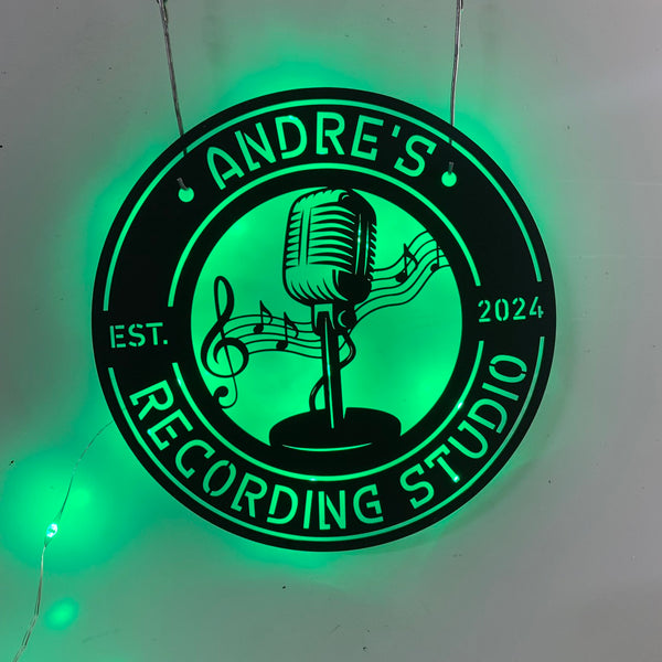Personalize Name Microphone Monogram Metal Sign Led Lights, Custom Music Audio Studio Metal Wall Art, Music Room Metal Wall Hanging Sign Decor