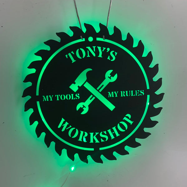 Custom Name Workshop Sawblade Metal Wall Art Led Lights, Mechanic Tools Metal Sign Decor, Personalized Papas Workshop Repair Tools Metal Wall Art